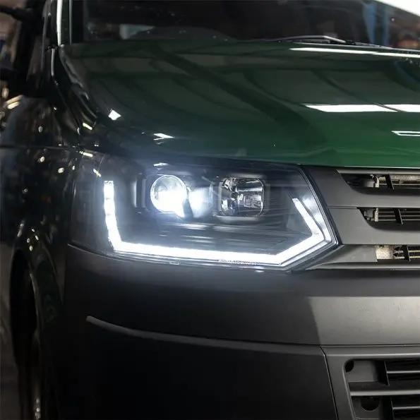 VW Transporter T5.1 (2010-15) – Headlights – Sequential Indicator – V3 – LED DRL – RHD – Black In stock with Supplier 7 to 14 days