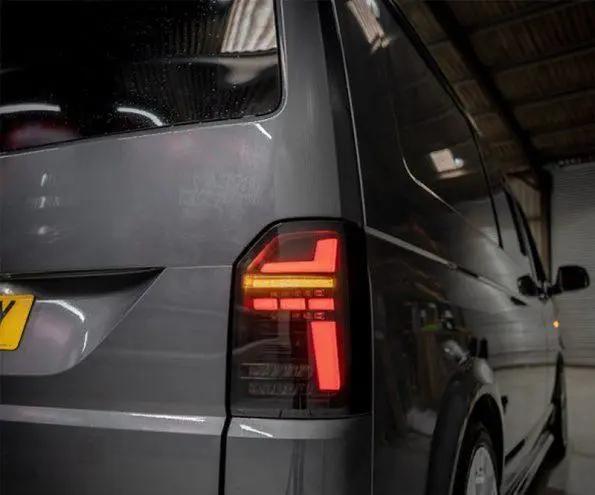VW Transporter T6 – Rear Lights – Sequential Indicator – LED – RHD – Tailgate – Black Smoke (T6.1 Style) In stock with Supplier 7 to 14 days