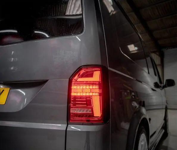 VW Transporter T6 – Rear Lights – Sequential Indicator – LED – RHD – Tailgate – Red Clear (T6.1 Style) In stock with Supplier 7 to 14 days
