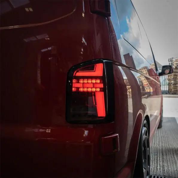 VW Transporter T6 – Rear Lights – Sequential Indicator – LED – RHD – Barn Door – Red Smoke (T6.1 Style) In stock with Supplier 7 to 14 days