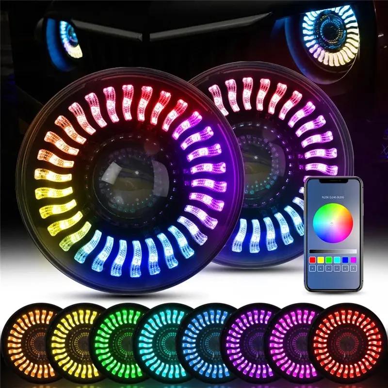 7 Inch LED Dual Beam Headlight With RGB Flowing Light Halo Angel Eyes DRL Bluetooth Control In stock with Supplier 7 to 14 days