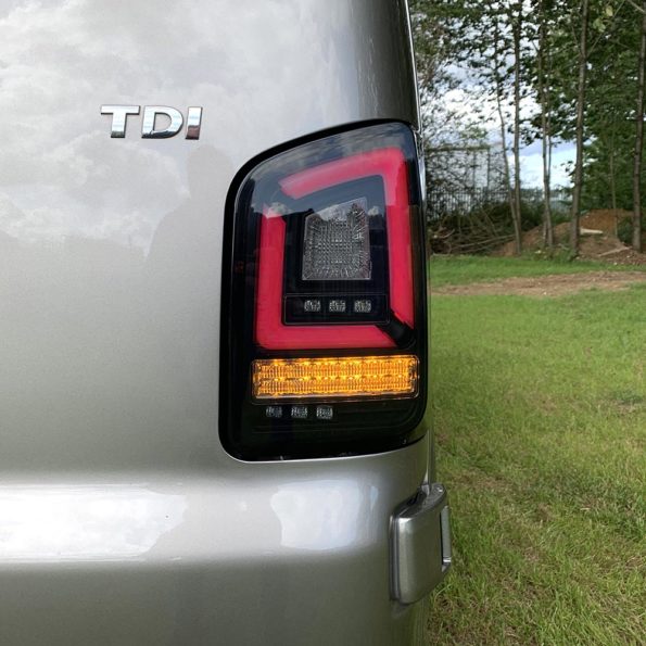 VW Transporter T6 – Rear Lights – Sequential Indicator – LED – RHD – Barn Doors – Black Smoke