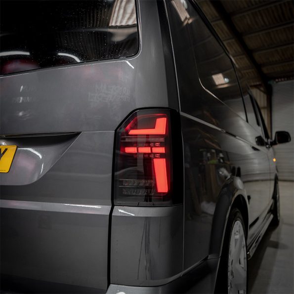 VW Transporter T6 – Rear Lights – Sequential Indicator – LED – RHD – Tailgate – Black Smoke (T6.1 Style)