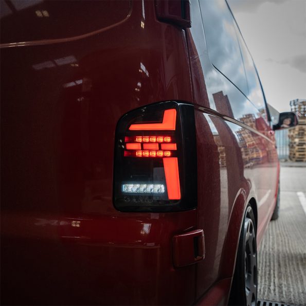 VW Transporter T6.1 – Rear Lights – Sequential Indicator – LED – RHD – Barn Door – Black Smoke