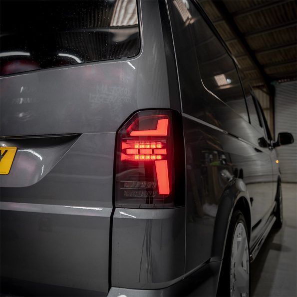 VW Transporter T6 – Rear Lights – Sequential Indicator – LED – RHD – Tailgate – Black Smoke (T6.1 Style)