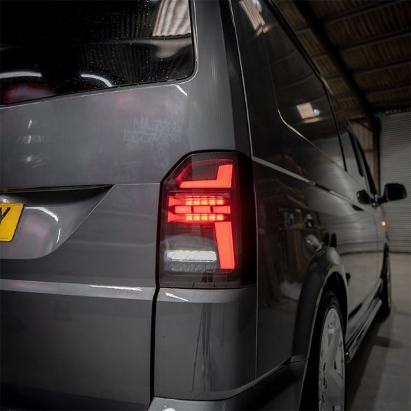 VW Transporter T6 – Rear Lights – Sequential Indicator – LED – RHD – Tailgate – Black Smoke (T6.1 Style)