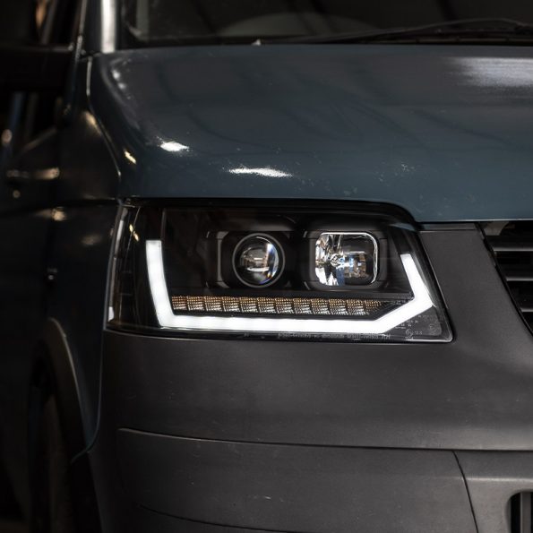 VW Transporter T5 (2003-09) – Headlights – Sequential Indicator – V2 – LED DRL – RHD – Chrome