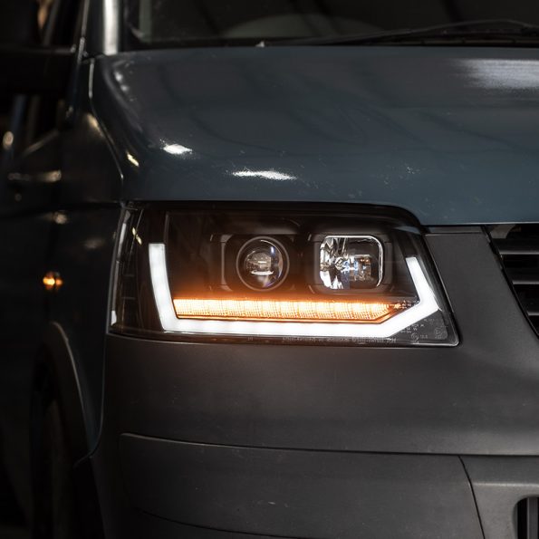 VW Transporter T5 (2003-09) – Headlights – Sequential Indicator – V2 – LED DRL – RHD – Chrome