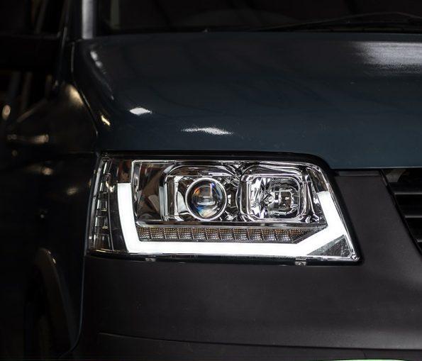 VW Transporter T5 (2003-09) – Headlights – Sequential Indicator – V2 – LED DRL – RHD – Chrome