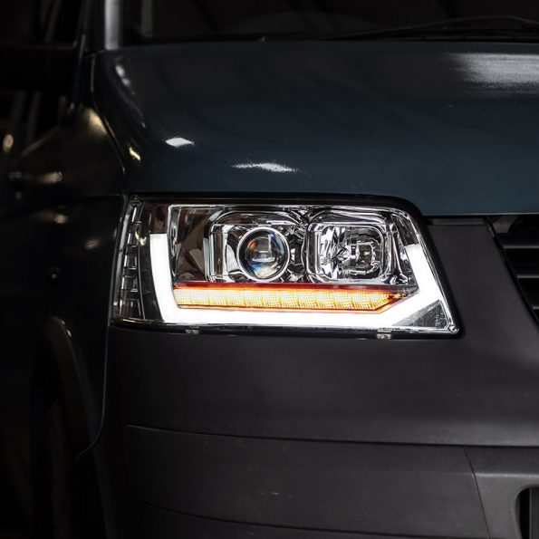 VW Transporter T5 (2003-09) – Headlights – Sequential Indicator – V2 – LED DRL – RHD – Chrome