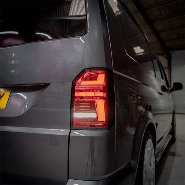 VW Transporter T6 – Rear Lights – Sequential Indicator – LED – RHD – Tailgate – Red Clear (T6.1 Style)