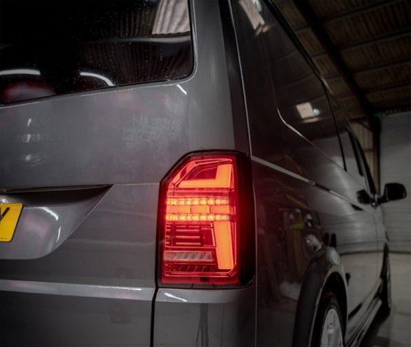 VW Transporter T6 – Rear Lights – Sequential Indicator – LED – RHD – Tailgate – Red Clear (T6.1 Style)