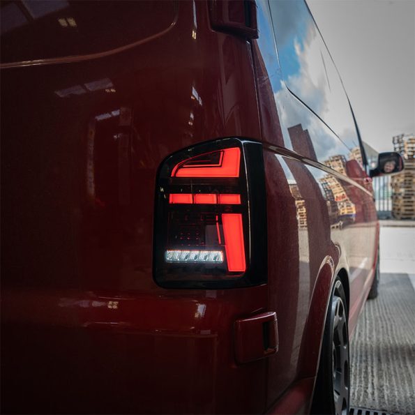 VW Transporter T6.1 – Rear Lights – Sequential Indicator – LED – RHD – Barn Door – Red Smoke