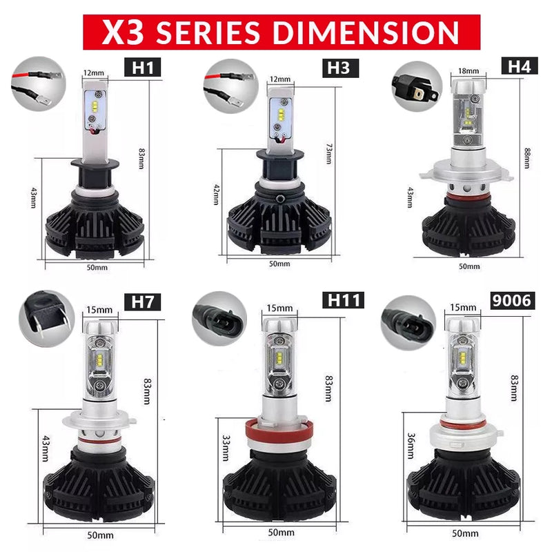 X3 LED Lighting Bulbs 50W 6000k H4,H7,H11,H15,H1,9005