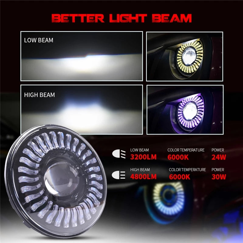 7 Inch LED Dual Beam Headlight With RGB Flowing Light Halo Angel Eyes DRL Bluetooth Control
